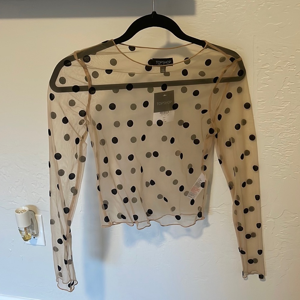 NWT Topshop Sheer Polka Dot Mesh Long Sleeve Top